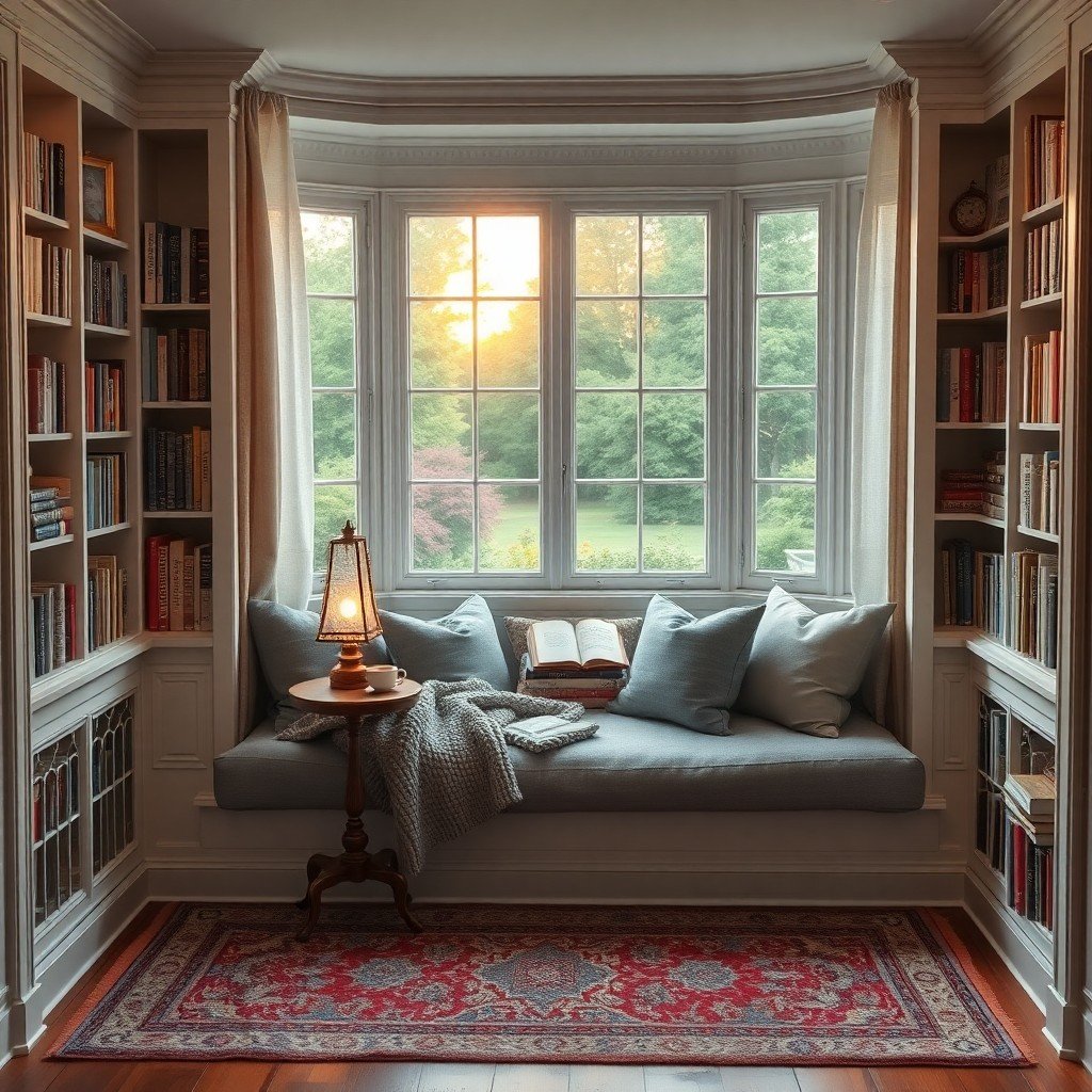 a reading nook in a bay window