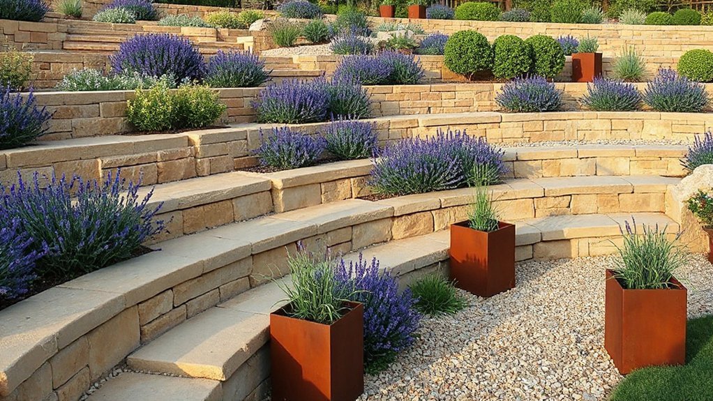 consistent materials unify garden levels