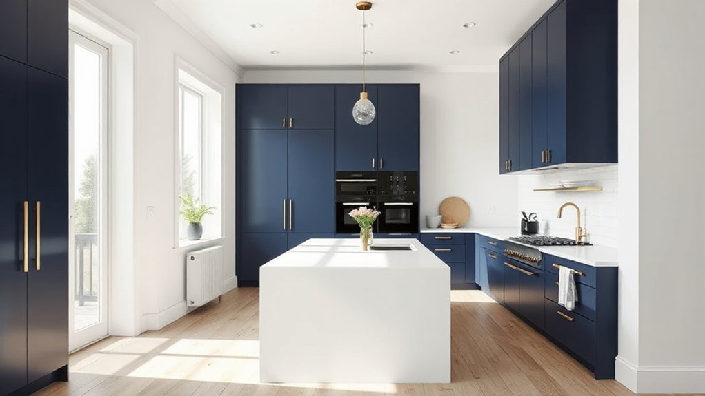 indigo cabinets white walls