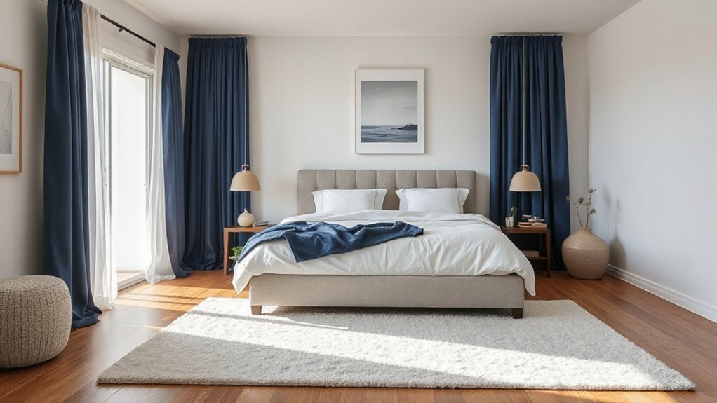 layered navy bedroom decor