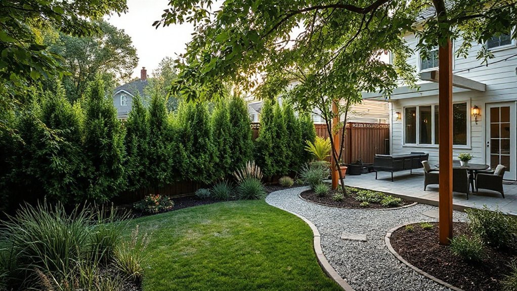 optimize and Design a garden with zones that work together for noise privacy